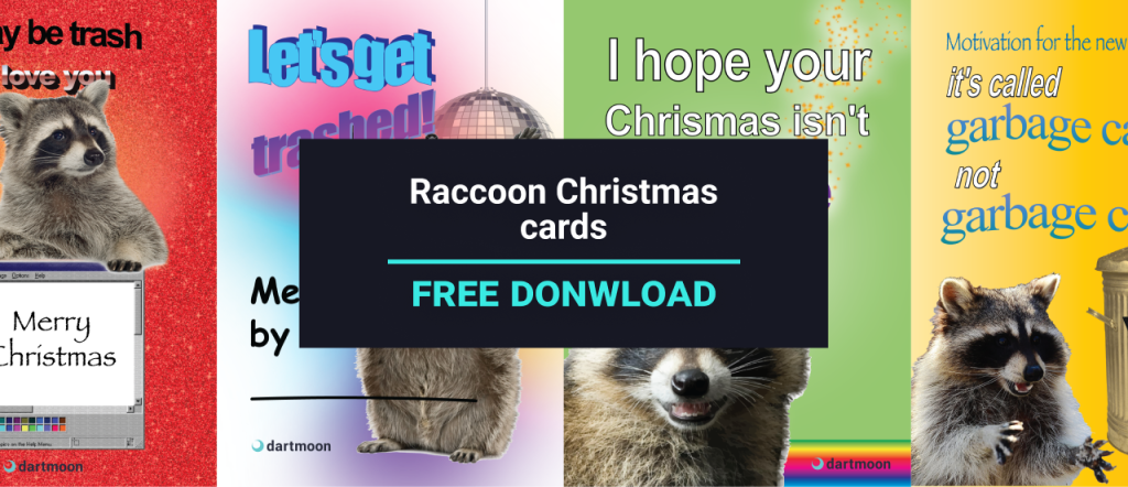 An image showcasing four raccoon themed christmas cards. Text: Raccon Christmas Cards Free Download